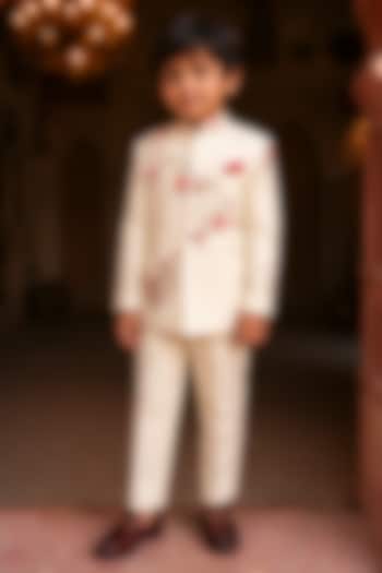 Frost Ivory Shimmer Silk Embellished Bandhgala Set For Boys by Kushal's Kids at Pernia's Pop Up Shop