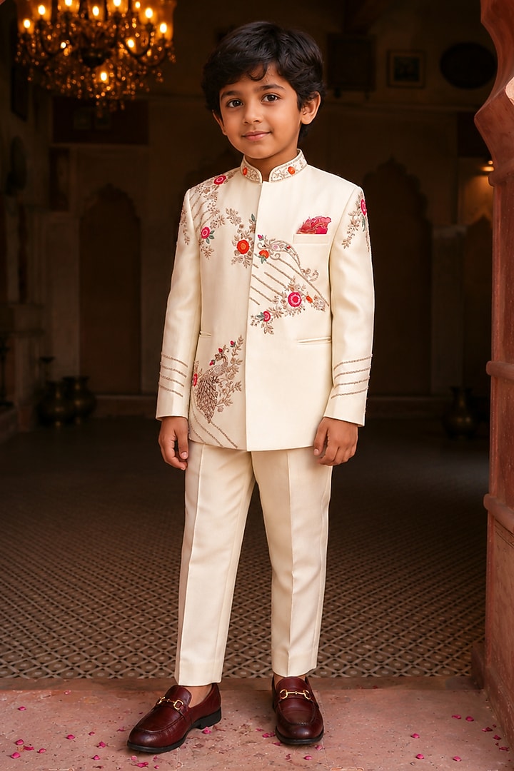 Frost Ivory Shimmer Silk Embellished Bandhgala Set For Boys by Kushal's Kids at Pernia's Pop Up Shop