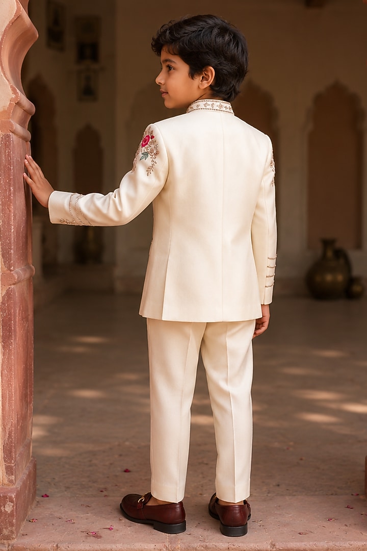 Frost Ivory Shimmer Silk Embellished Bandhgala Set For Boys by Kushal's Kids at Pernia's Pop Up Shop