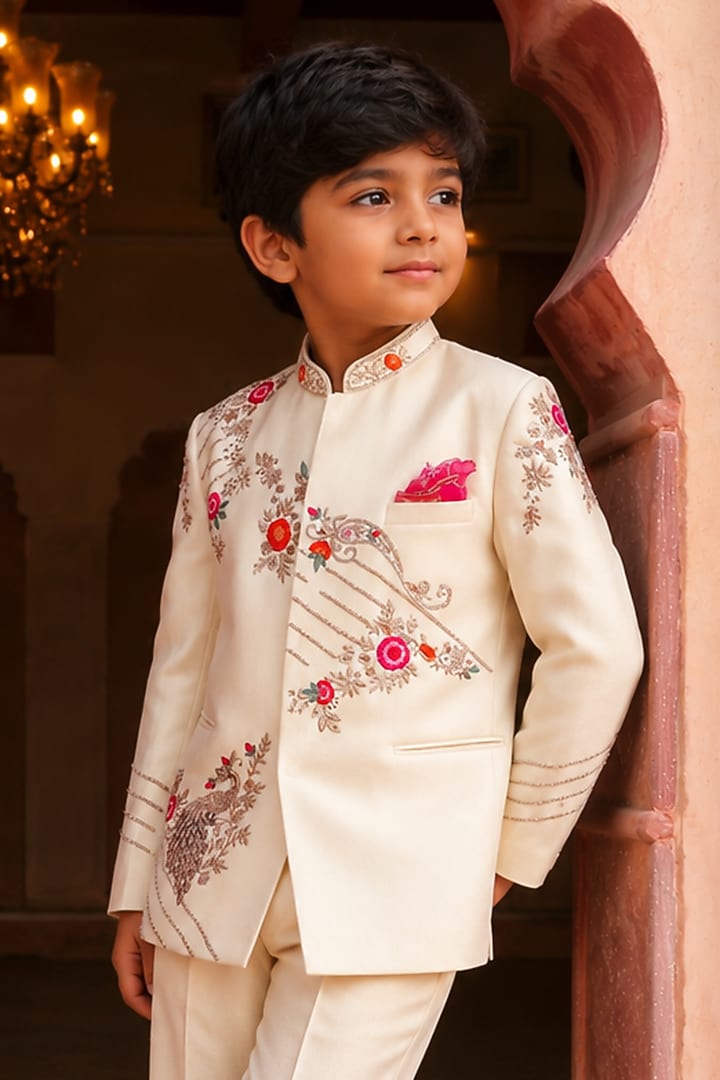 Frost Ivory Shimmer Silk Embellished Bandhgala Set For Boys by Kushal's Kids at Pernia's Pop Up Shop