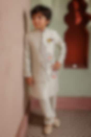 Grey Zari Satin Cutwork Nehru Jacket Set For Boys by Kushal's Kids at Pernia's Pop Up Shop