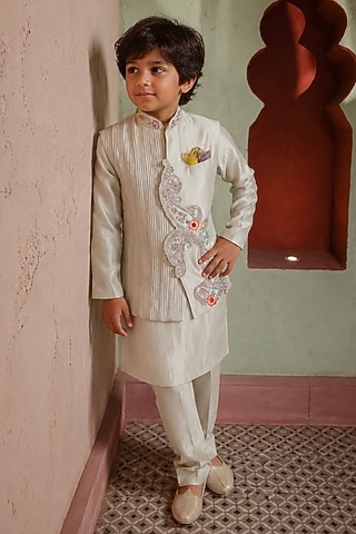 Grey Zari Satin Cutwork Nehru Jacket Set For Boys by Kushal's Kids