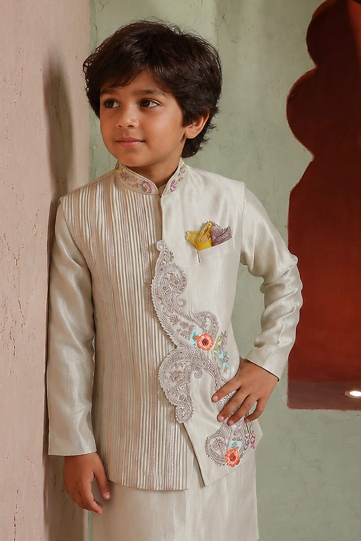 Grey Zari Satin Cutwork Nehru Jacket Set For Boys by Kushal's Kids at Pernia's Pop Up Shop