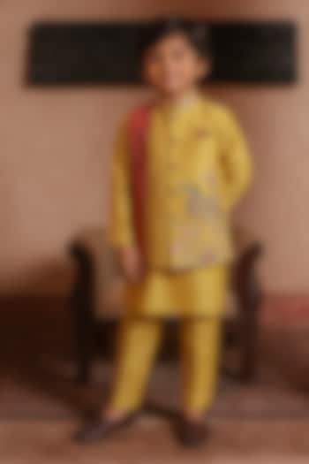 Tuscany Green Viscose Silk Beads Embellished Nehru Jacket Set For Boys by Kushal's Kids at Pernia's Pop Up Shop