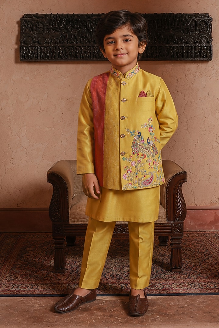 Tuscany Green Viscose Silk Beads Embellished Nehru Jacket Set For Boys by Kushal's Kids at Pernia's Pop Up Shop