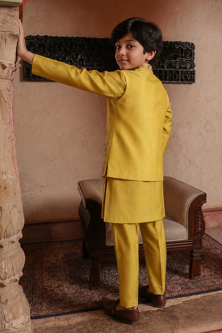 Tuscany Green Viscose Silk Beads Embellished Nehru Jacket Set For Boys by Kushal's Kids at Pernia's Pop Up Shop
