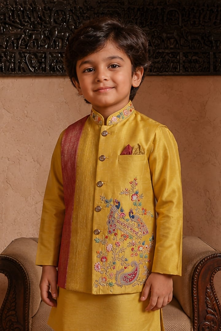 Tuscany Green Viscose Silk Beads Embellished Nehru Jacket Set For Boys by Kushal's Kids at Pernia's Pop Up Shop