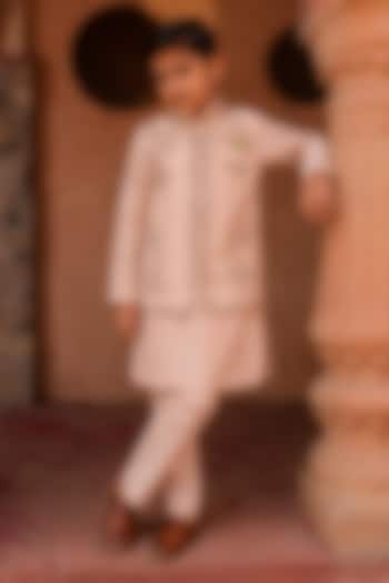 Tea Pink Viscose Silk Thread Embellished Nehru Jacket Set For Boys by Kushal's Kids at Pernia's Pop Up Shop