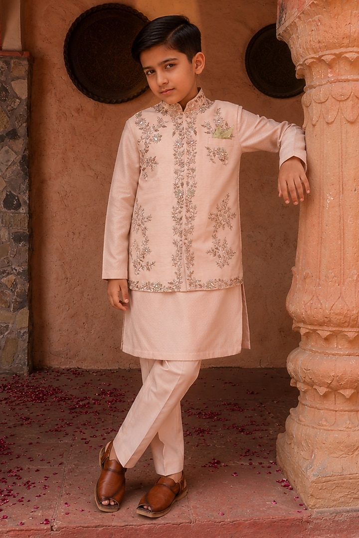 Tea Pink Viscose Silk Thread Embellished Nehru Jacket Set For Boys by Kushal's Kids at Pernia's Pop Up Shop