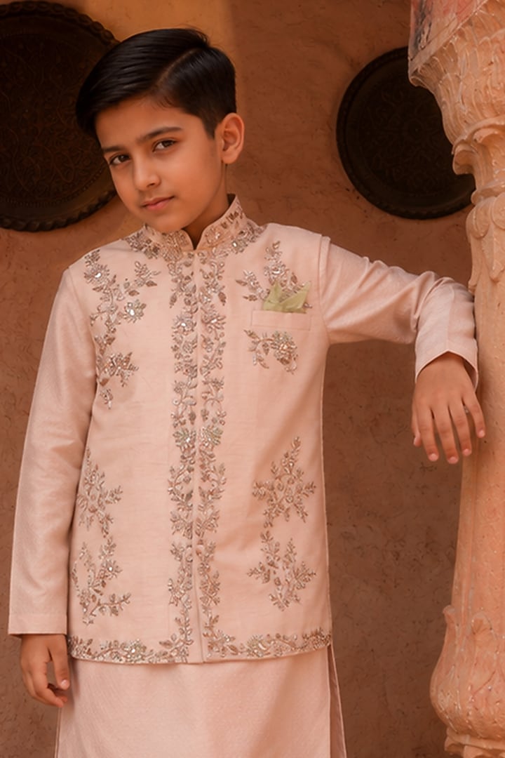 Tea Pink Viscose Silk Thread Embellished Nehru Jacket Set For Boys by Kushal's Kids at Pernia's Pop Up Shop