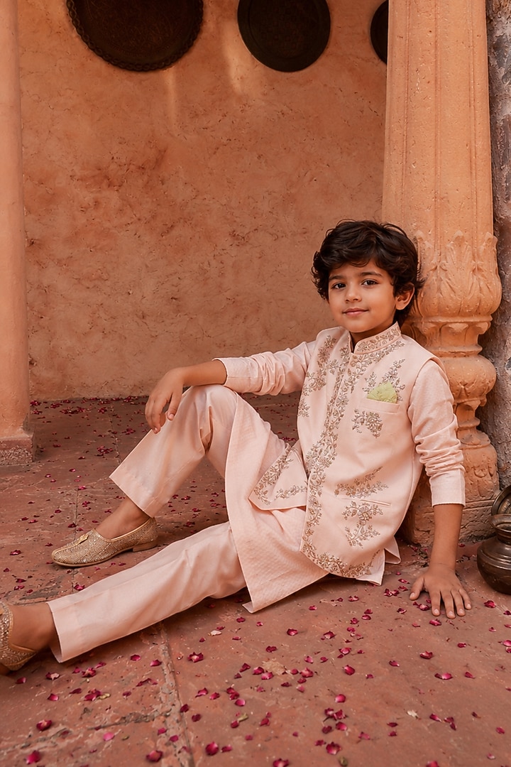 Tea Pink Viscose Silk Thread Embellished Nehru Jacket Set For Boys by Kushal's Kids at Pernia's Pop Up Shop