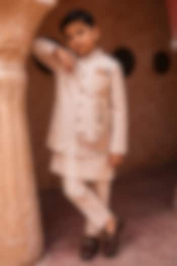 Rose Gold Crushed Tissue Sequins Embellished Nehru Jacket Set For Boys by Kushal's Kids at Pernia's Pop Up Shop