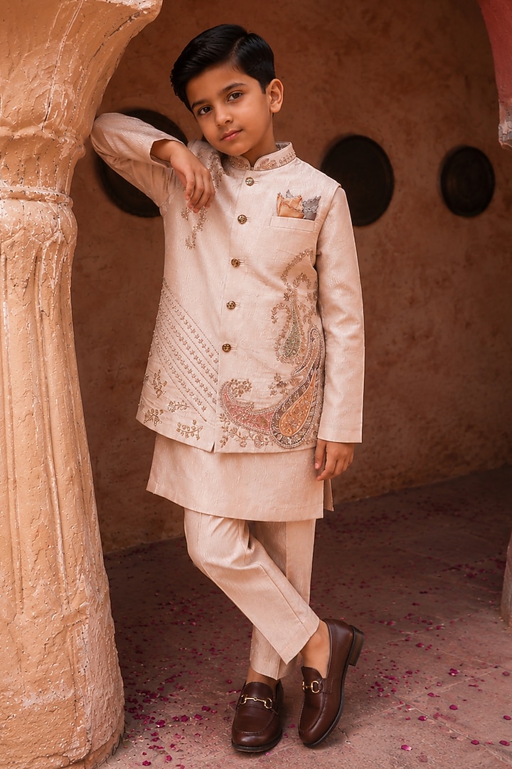 Rose Gold Crushed Tissue Sequins Embellished Nehru Jacket Set For Boys by Kushal's Kids at Pernia's Pop Up Shop