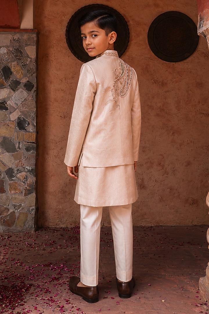 Rose Gold Crushed Tissue Sequins Embellished Nehru Jacket Set For Boys by Kushal's Kids at Pernia's Pop Up Shop