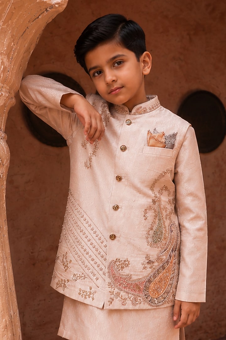Rose Gold Crushed Tissue Sequins Embellished Nehru Jacket Set For Boys by Kushal's Kids at Pernia's Pop Up Shop
