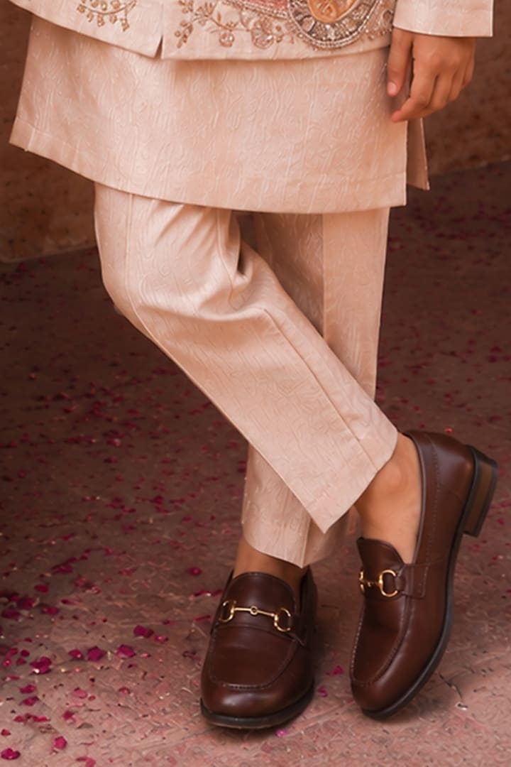 Rose Gold Crushed Tissue Sequins Embellished Nehru Jacket Set For Boys by Kushal's Kids at Pernia's Pop Up Shop
