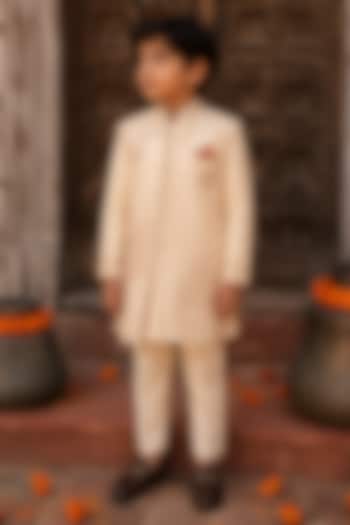 Rose Gold Zari Satin Embroidered Indowestern Set For Boys by Kushal's Kids at Pernia's Pop Up Shop
