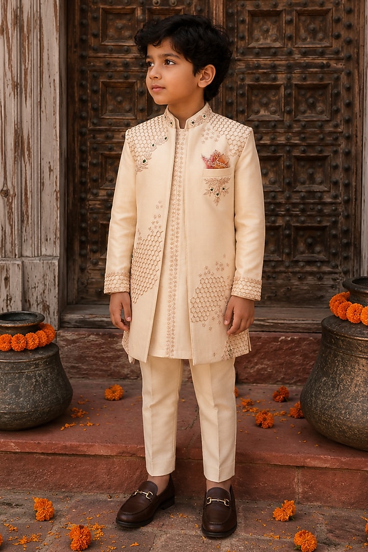 Rose Gold Zari Satin Embroidered Indowestern Set For Boys by Kushal's Kids at Pernia's Pop Up Shop
