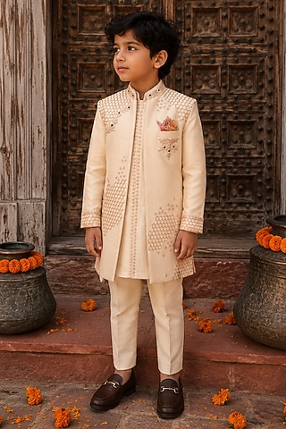 Rose Gold Zari Satin Embroidered Indowestern Set For Boys by Kushal's Kids