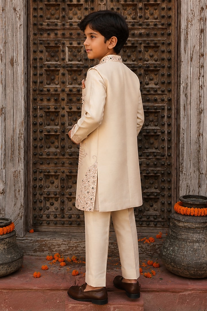 Rose Gold Zari Satin Embroidered Indowestern Set For Boys by Kushal's Kids at Pernia's Pop Up Shop