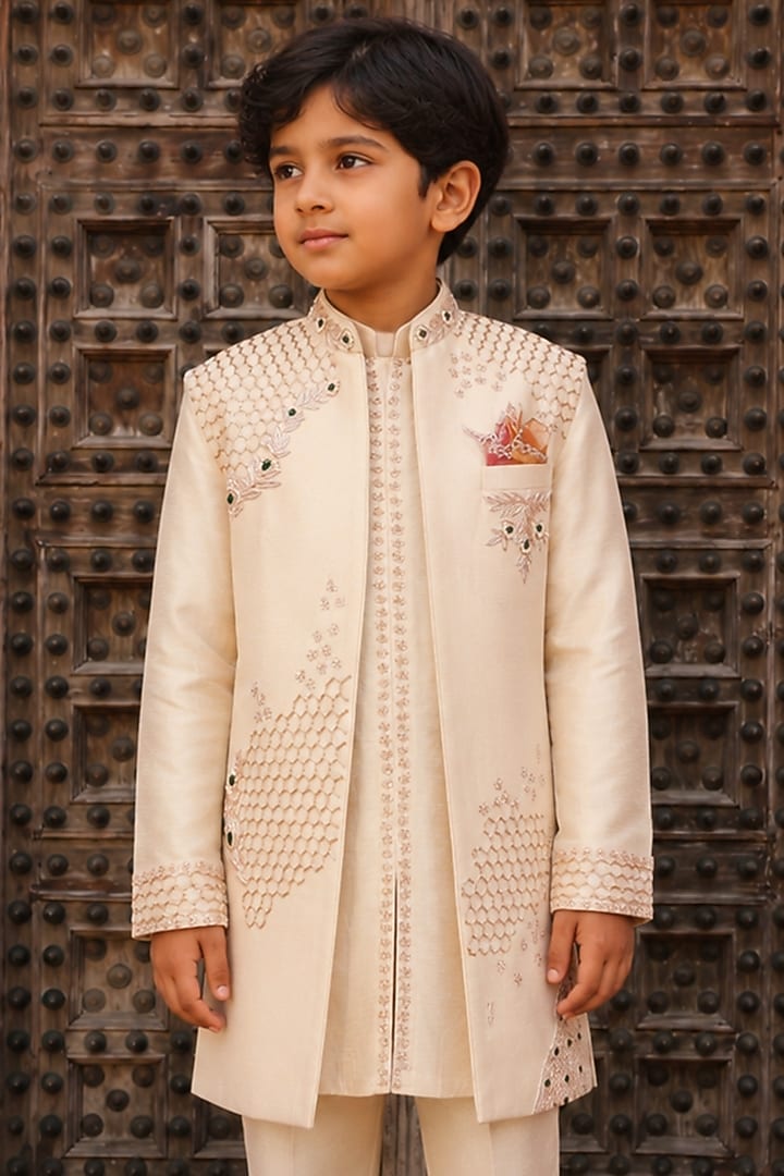 Rose Gold Zari Satin Embroidered Indowestern Set For Boys by Kushal's Kids at Pernia's Pop Up Shop