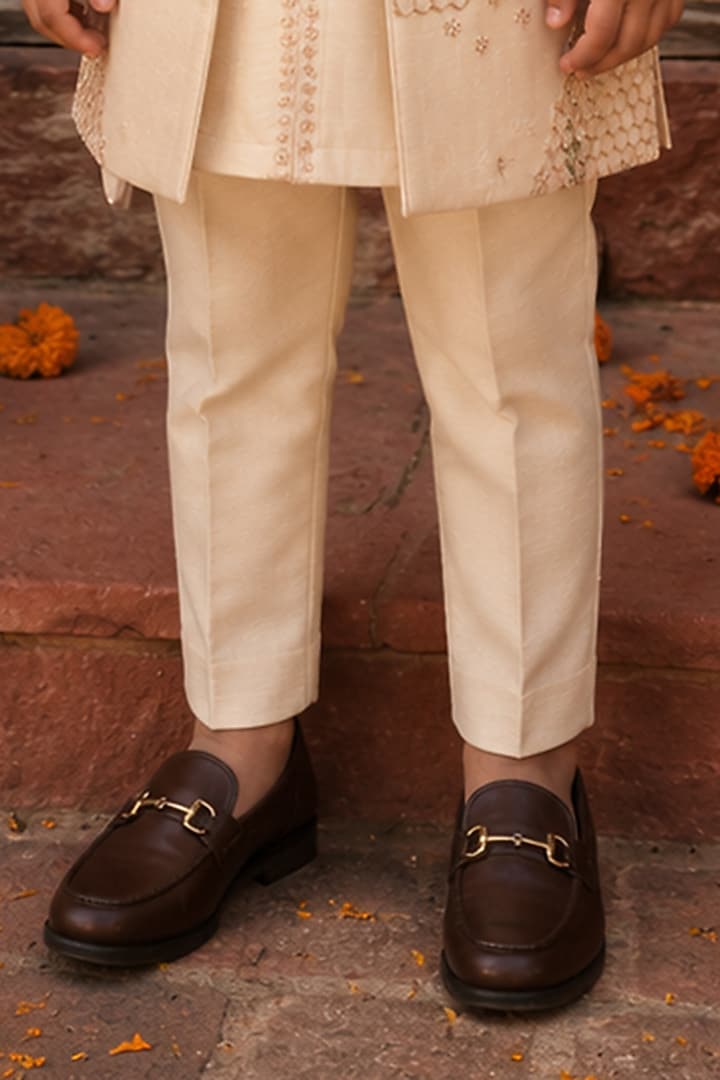 Rose Gold Zari Satin Embroidered Indowestern Set For Boys by Kushal's Kids at Pernia's Pop Up Shop