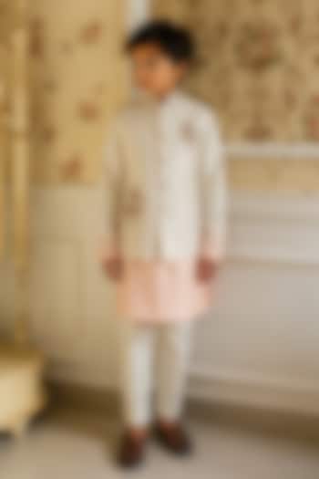 Peach Ombre Chanderi Thread Embellished Nehru Jacket Set For Boys by Kushal's Kids at Pernia's Pop Up Shop