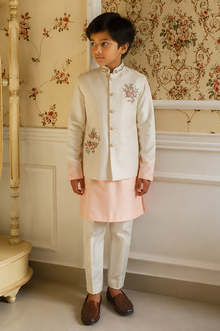 Peach Ombre Chanderi Thread Embellished Nehru Jacket Set For Boys by Kushal's Kids at Pernia's Pop Up Shop