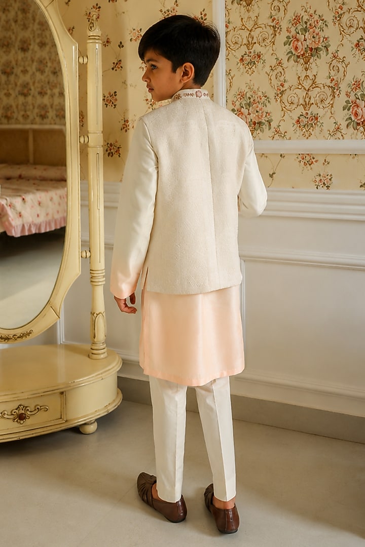 Peach Ombre Chanderi Thread Embellished Nehru Jacket Set For Boys by Kushal's Kids at Pernia's Pop Up Shop