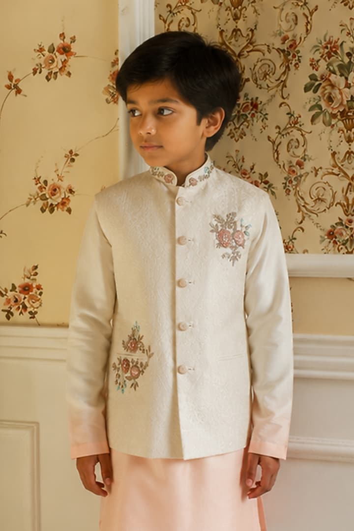 Peach Ombre Chanderi Thread Embellished Nehru Jacket Set For Boys by Kushal's Kids at Pernia's Pop Up Shop