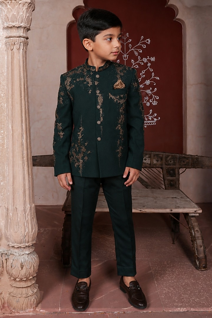 Green Lycra Jacquard Beads Embellished Bandhgala Set For Boys by Kushal's Kids at Pernia's Pop Up Shop