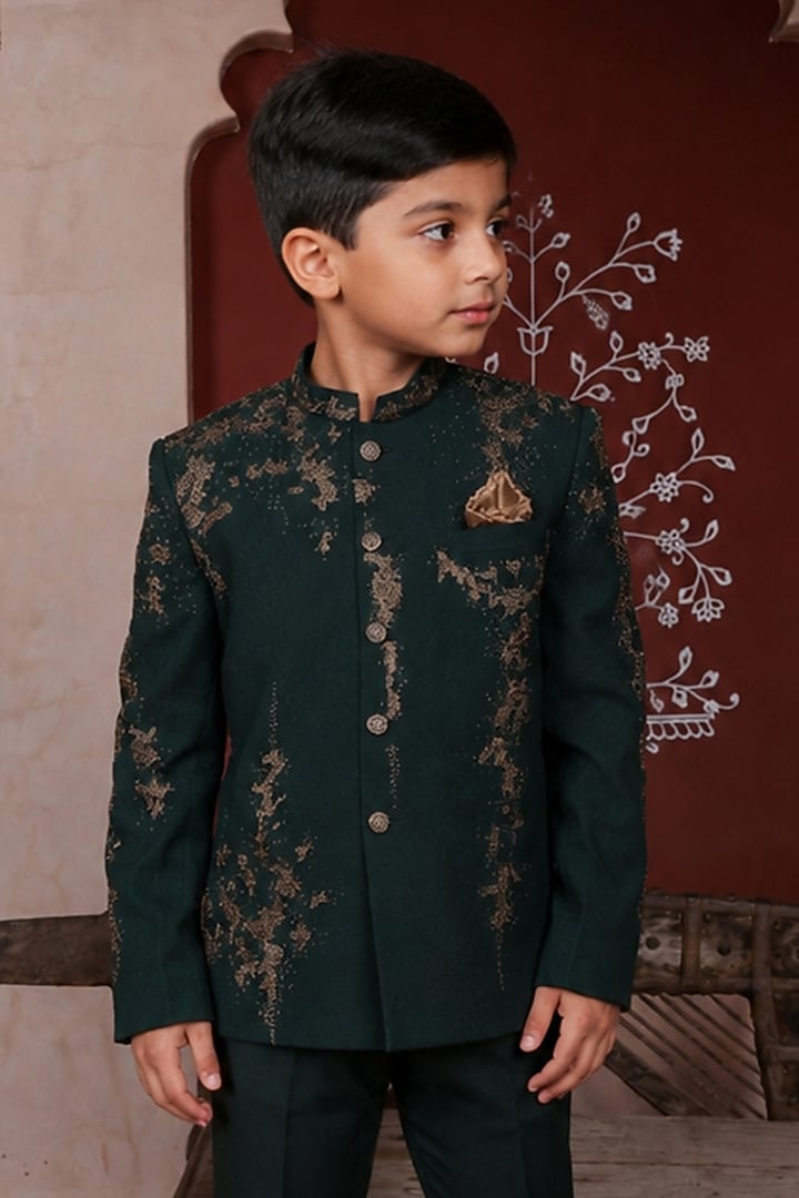 Green Lycra Jacquard Beads Embellished Bandhgala Set For Boys by Kushal's Kids at Pernia's Pop Up Shop
