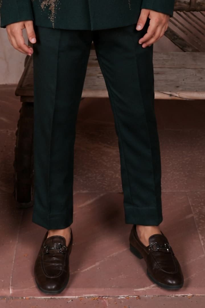 Green Lycra Jacquard Beads Embellished Bandhgala Set For Boys by Kushal's Kids at Pernia's Pop Up Shop