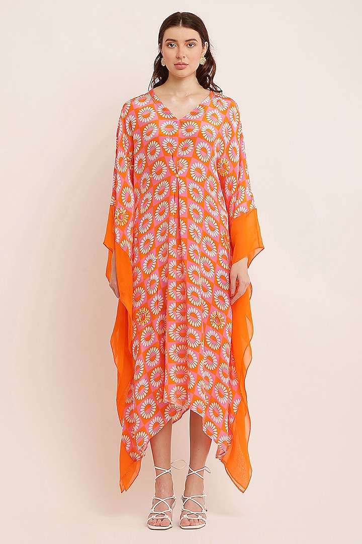 Orange Crepe Digital Printed & Sequins Embroidered Kaftan by KUSMI at Pernia's Pop Up Shop