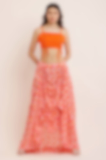 Orange Crepe Digital Printed Flowy Gathered Skirt by KUSMI at Pernia's Pop Up Shop