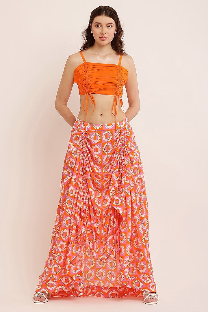 Orange Crepe Digital Printed Flowy Gathered Skirt by KUSMI at Pernia's Pop Up Shop