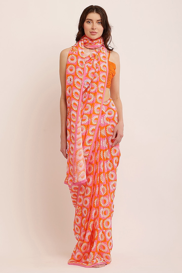 Orange Crepe Digital Printed & Hand Embroidered Saree Set by KUSMI at Pernia's Pop Up Shop