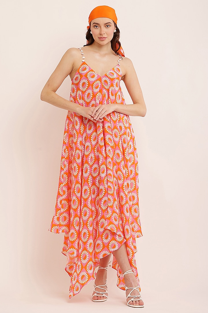 Orange Crepe Digital Printed Handkerchief Dress by KUSMI at Pernia's Pop Up Shop