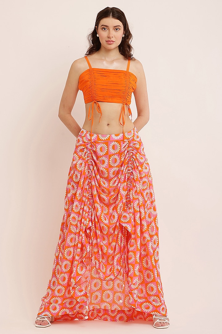 Orange Crepe Digital Printed Gathered Skirt Set by KUSMI at Pernia's Pop Up Shop