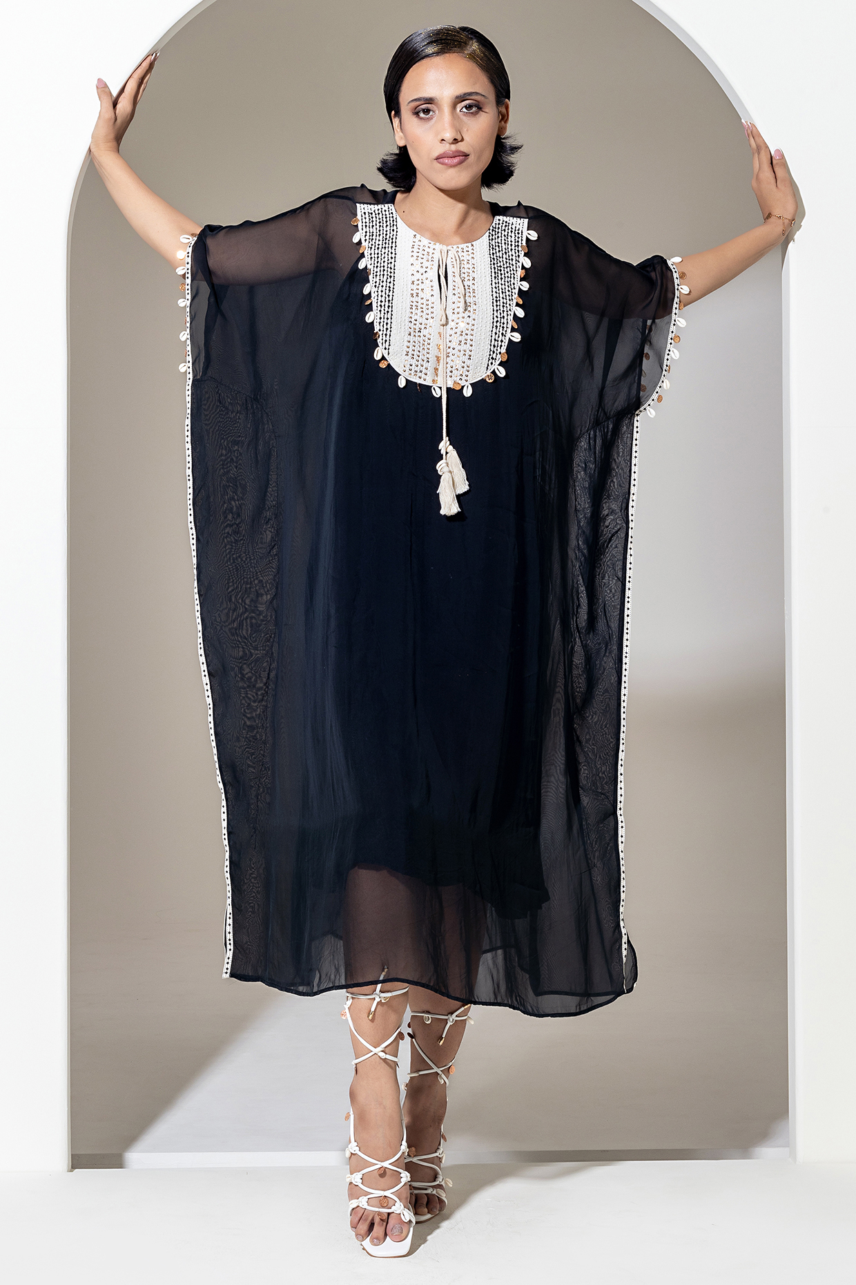 Black Organza Sequins Embroidered Handcrafted Kaftan by KUSMI at Pernia's Pop Up Shop