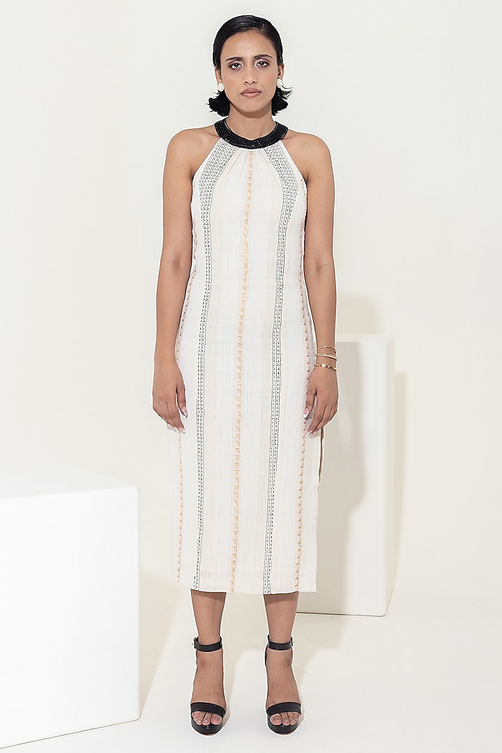 Ivory Handwoven Hand Embroidered Bodycon Midi Dress by KUSMI at Pernia's Pop Up Shop