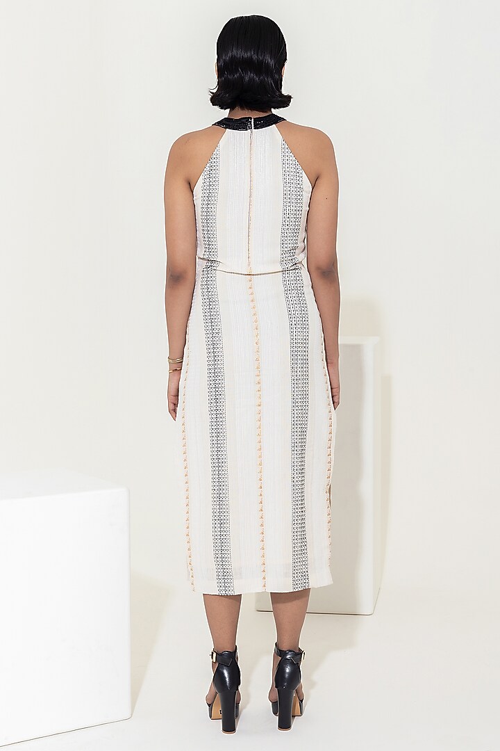 Ivory Handwoven Hand Embroidered Bodycon Midi Summer Dress by KUSMI at Pernia's Pop Up Shop
