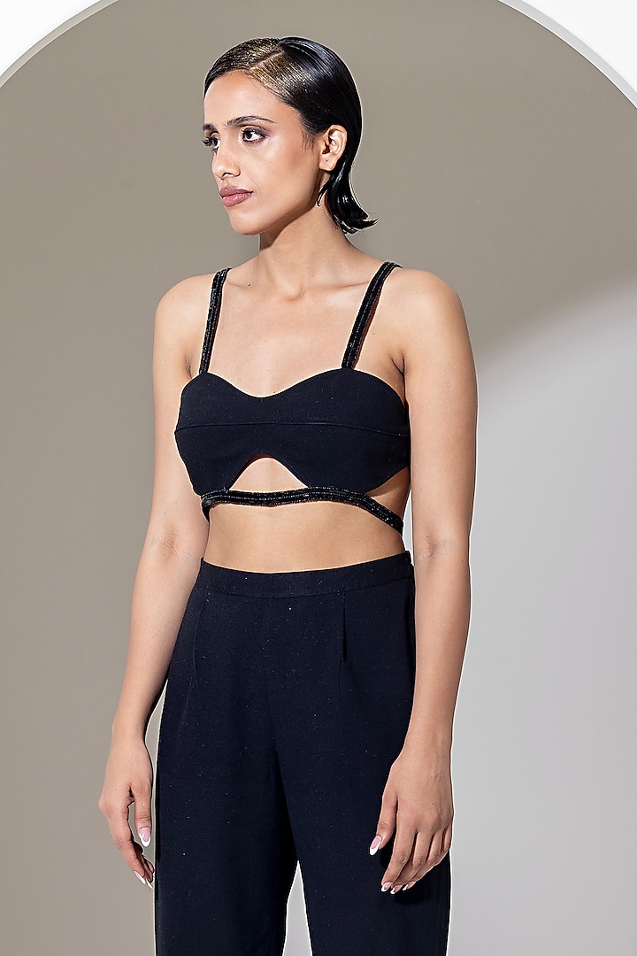 Black Handwoven Cotton Sequins Embroidered Bralette by KUSMI at Pernia's Pop Up Shop