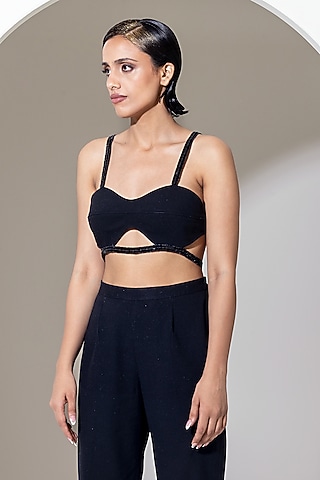 Black Handwoven Cotton Sequins Embroidered Bralette by KUSMI
