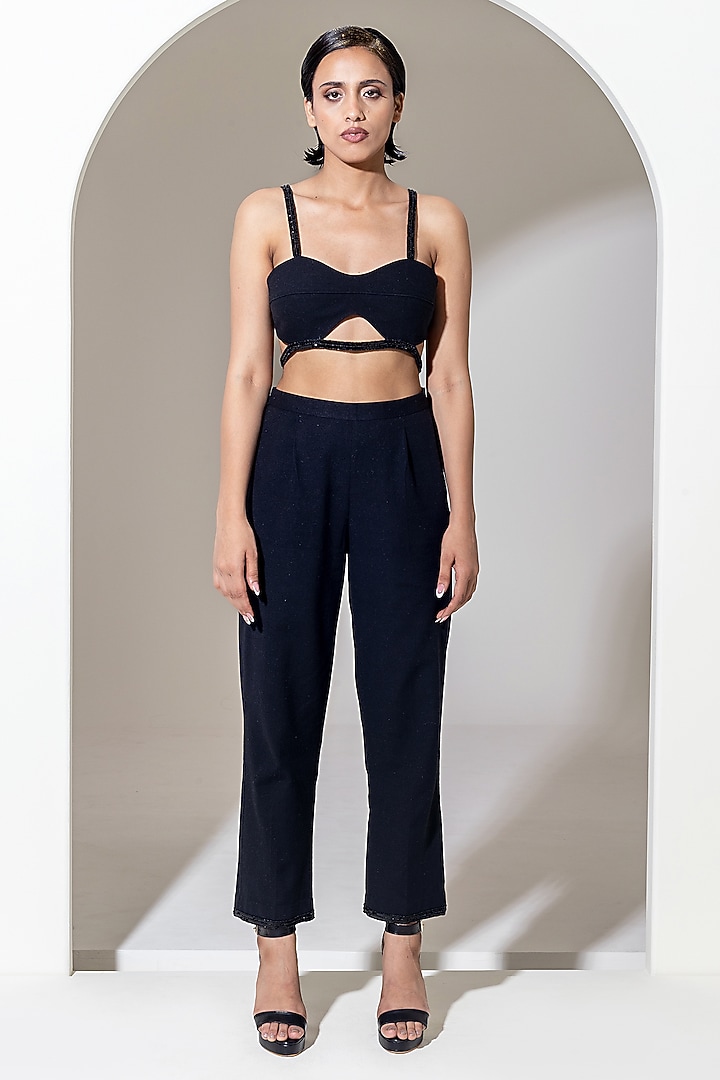 Black Handwoven Cotton Sequins Embroidered Bralette by KUSMI at Pernia's Pop Up Shop