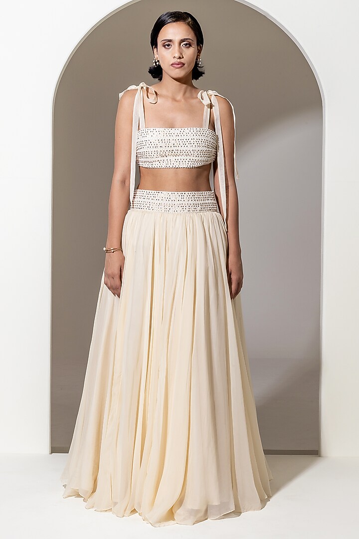 Ivory Organza Sequins Hand Embellished Bralette by KUSMI at Pernia's Pop Up Shop