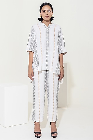 Ivory Handwoven Cotton Sequins Embellished Co-Ord Set by KUSMI