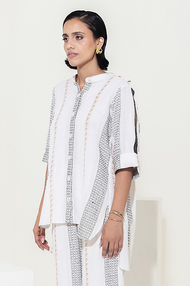 Ivory Handwoven Cotton Sequins Embellished Co-Ord Set by KUSMI at Pernia's Pop Up Shop