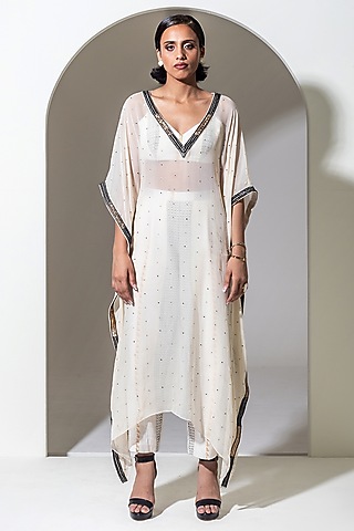 Ivory Organza Sequins Work Kaftan Set by KUSMI