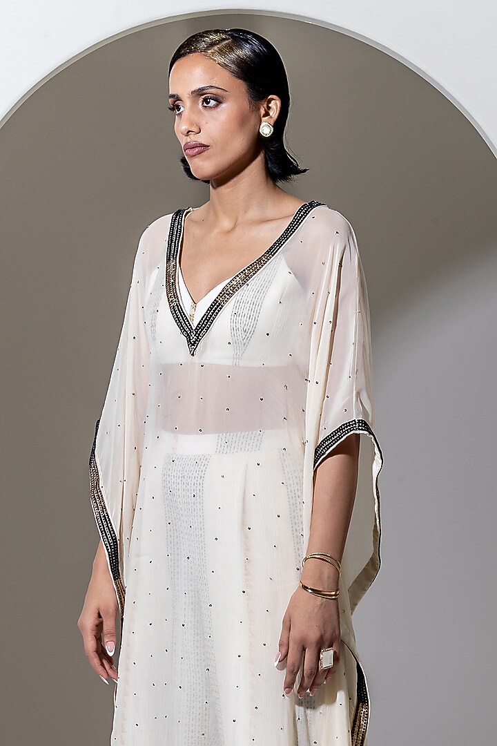 Ivory Organza Sequins Work Kaftan Set by KUSMI at Pernia's Pop Up Shop